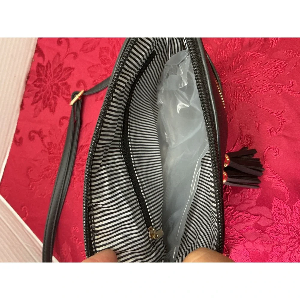 New Vegan Leather Plaid Crossbody Bag Black Grey White Tassel Dome Purse - Picture 14 of 14